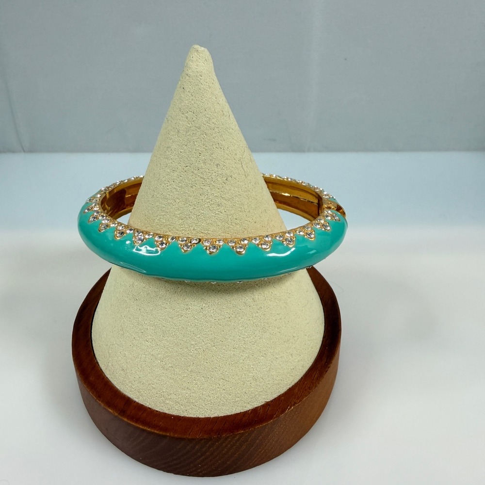 Stella & Dot Paige Bangle Bracelet Teal Enamel Gold Tone Rhinestone Size 6.25